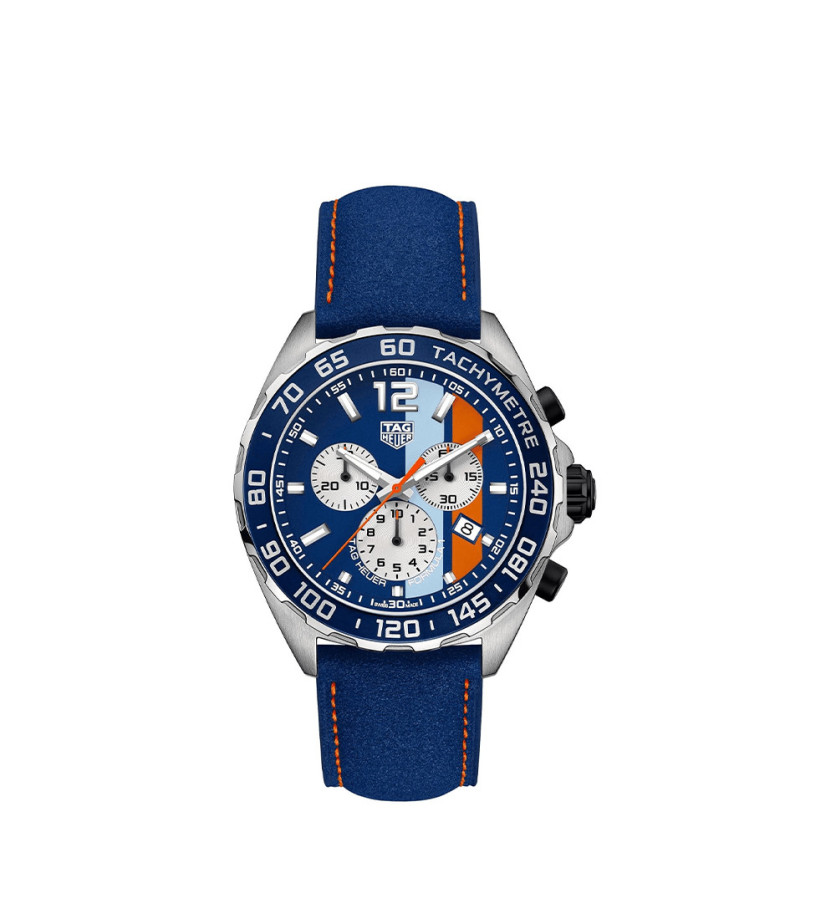 Montre TAG Heuer Formula 1 Gulf Chronographe quartz Cadran en opaline bleu Bracelet en cuir bleu 43 mm