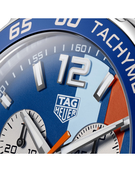 Montre TAG Heuer Formula 1 Gulf Chronographe quartz Cadran en opaline bleu Bracelet en cuir bleu 43 mm