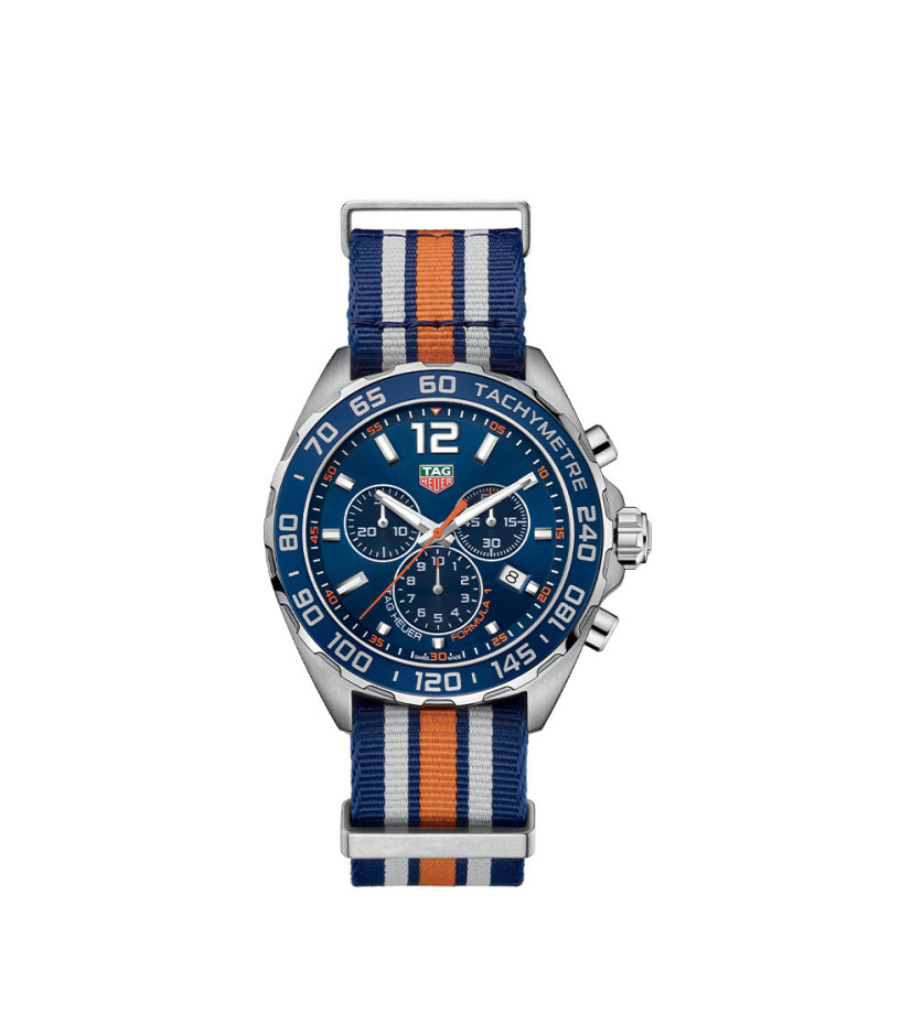 Montre TAG Heuer Formula 1 Chronographe quartz Cadran soleillée bleu Bracelet Nato bleu et orange 43 mm