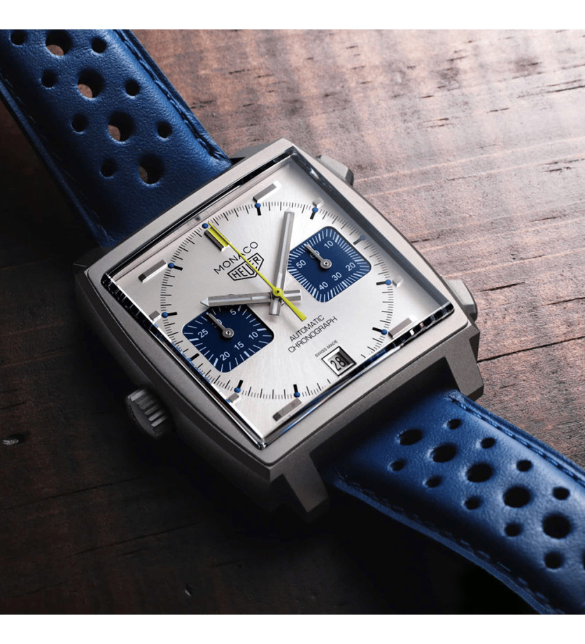 Montre TAG Heuer Monaco Racing Blue Chronographe Automatique Bracelet en cuir bleu Cadran gris 39 mm
