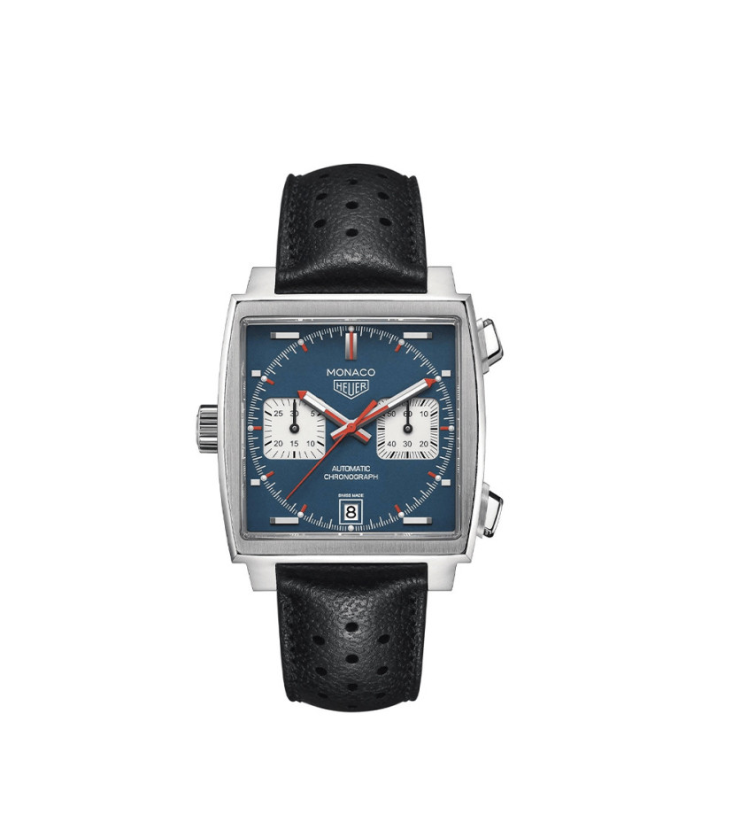 Montre TAG Heuer Monaco Chronographe Automatique Cadran bleu Bracelet cuir noir 39mm