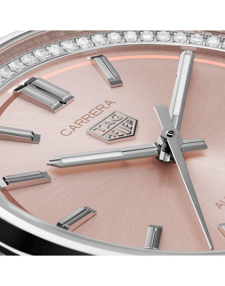 Montre Tag Heuer Carrera Date automatique diamants cadran rose bracelet acier 36 mm