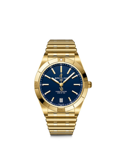 Montre Breitling Chronomat x Victoria Beckham automatique cadran bleu nuit bracelet rouleaux or jaune 18K 36 mm