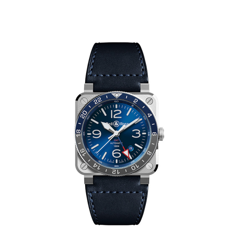 Montre Bell & Ross BR 03-93 GMT Blue automatique cadran bleu bracelet cuir bleu 42 mm