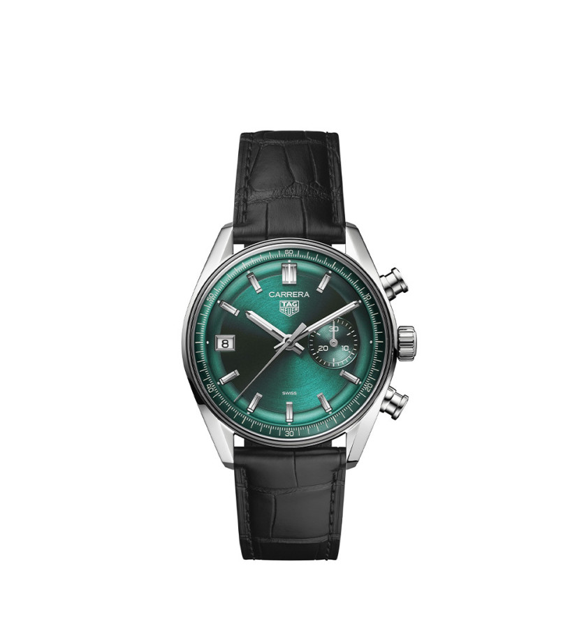 Montre TAG Heuer Carrera Chronograph automatique cadran vert sarcelle bracelet cuir d'alligator noir 39 mm