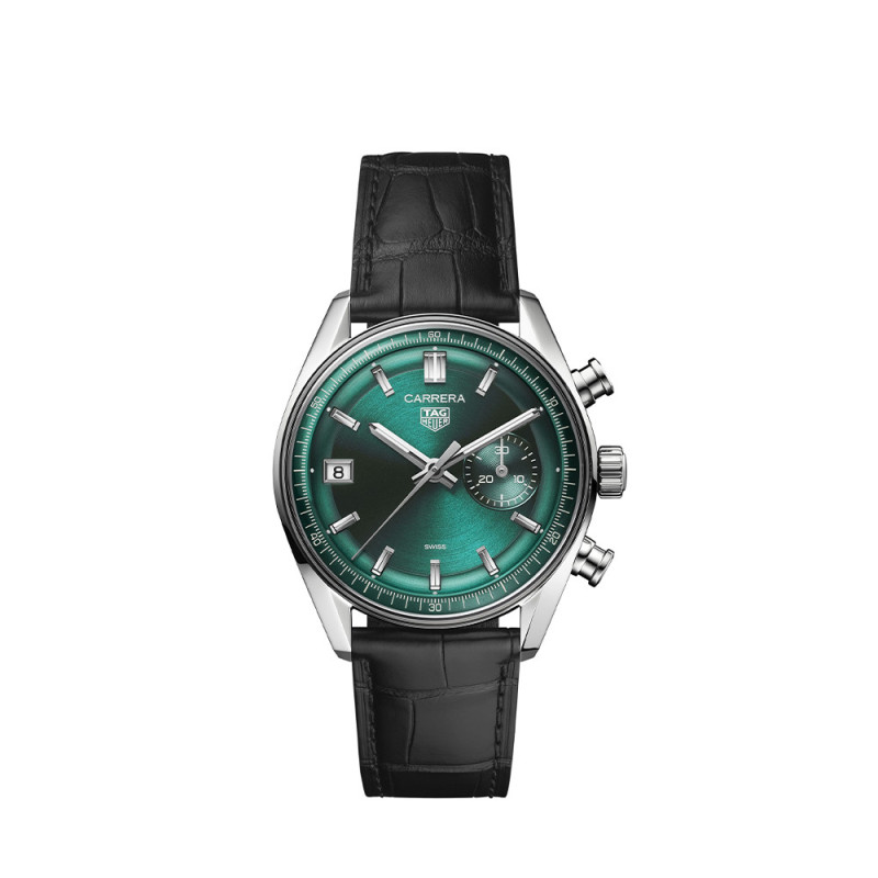 Montre TAG Heuer Carrera Chronograph automatique cadran vert sarcelle bracelet cuir d'alligator noir 39 mm