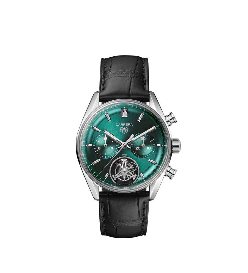 Montre TAG Heuer Carrera Chronograph Tourbillon cadran vert sarcelle bracelet cuir d'alligator noir 42 mm