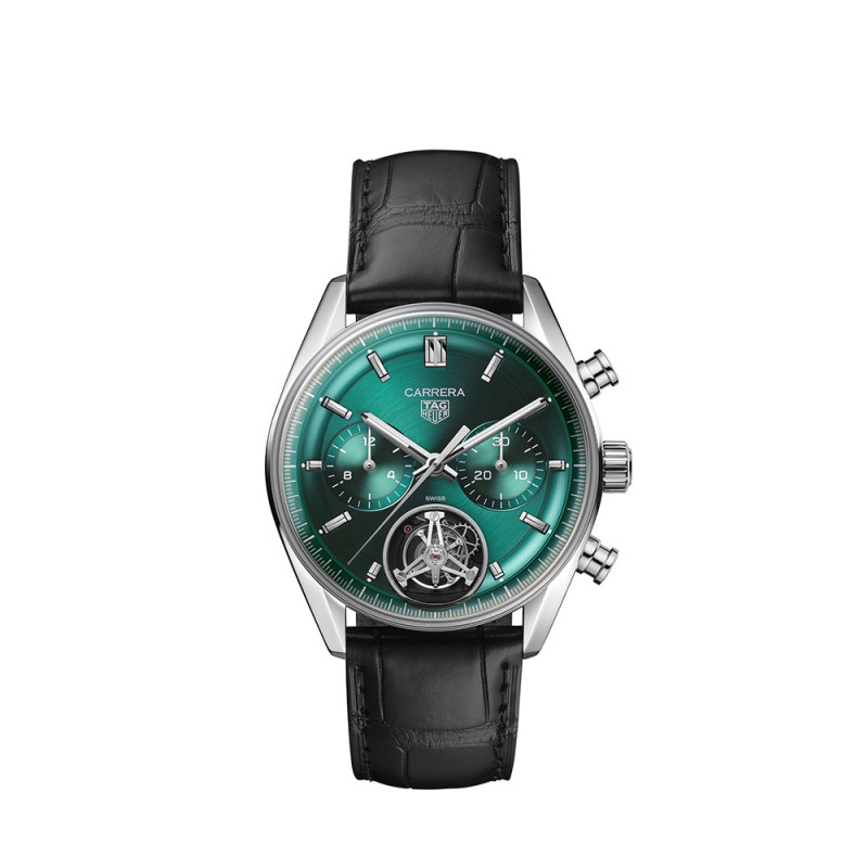 Montre TAG Heuer Carrera Chronograph Tourbillon cadran vert sarcelle bracelet cuir d'alligator noir 42 mm