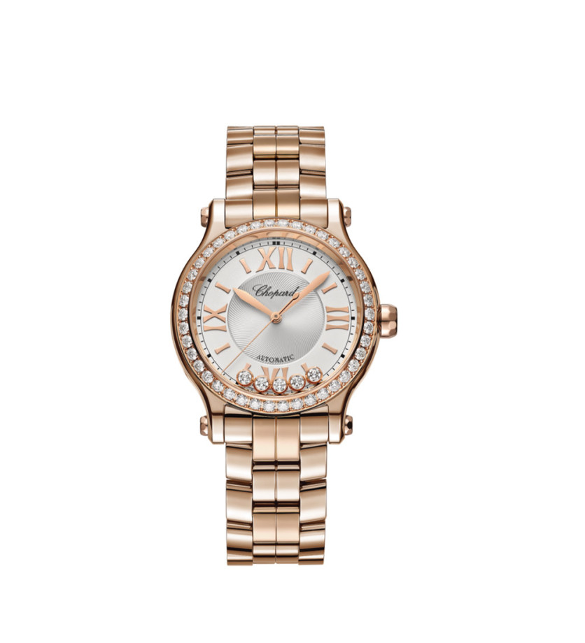 Montre Chopard Happy Sport automatique cadran argent et diamants bracelet or rose 18 carats 36mm