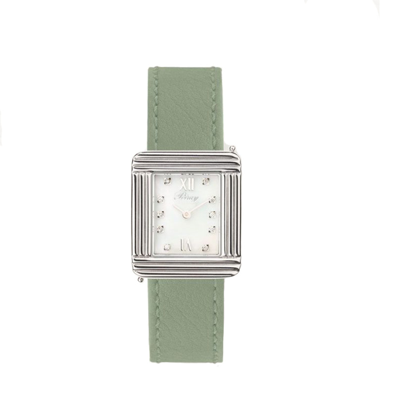 Montre Poiray Ma Première quartz cadran nacre blanche diamants bracelet en cuir vert  27x23 mm