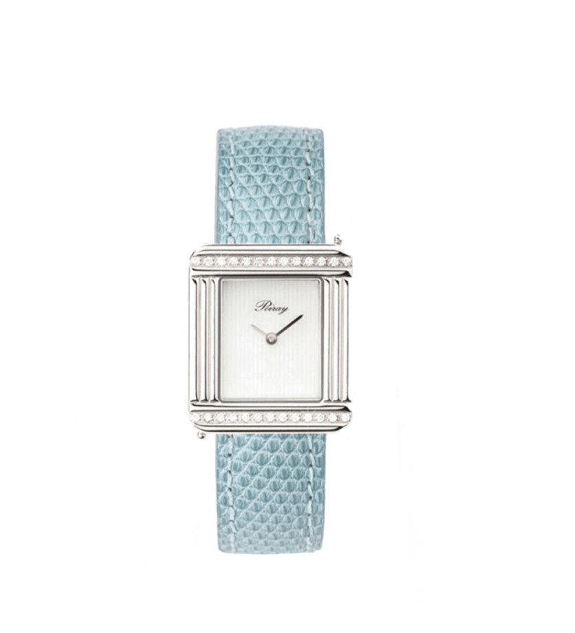 Montre Poiray Ma Première quartz cadran nacre blanc lignée bracelet lézard bleu gris 27x23 mm