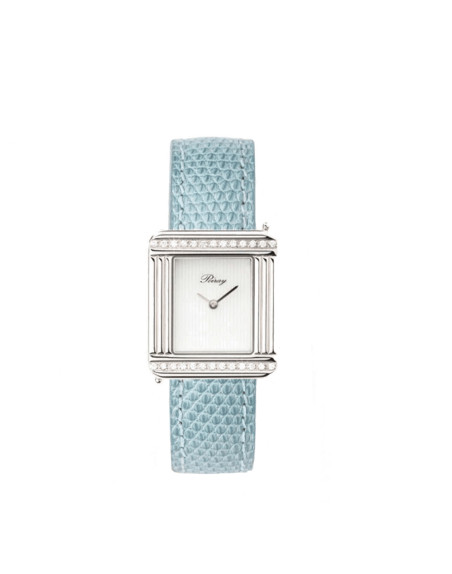 Montre Poiray Ma Première quartz cadran nacre blanc lignée bracelet lézard bleu gris 27x23 mm