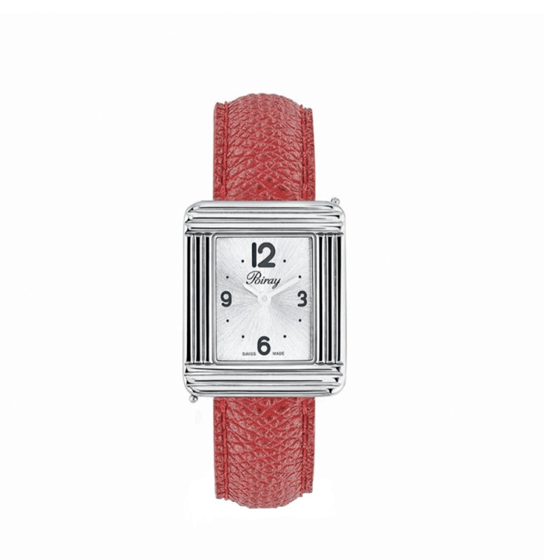 Montre Poiray Ma Première GM quartz cadran argenté bracelet en lézard rouge 30 x 24 mm