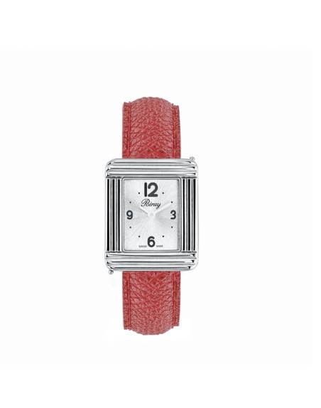Montre Poiray Ma Première GM quartz cadran argenté bracelet en lézard rouge 30 x 24 mm