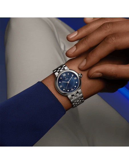 Montre Tudor Clair de rose automatique cadran bleu index diamants bracelet acier 26 mm