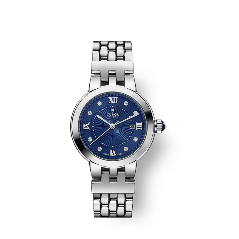 Montre Tudor Clair de rose automatique cadran bleu index diamants bracelet acier 30 mm