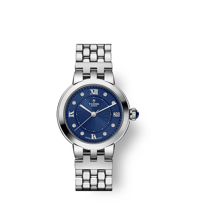 Montre Tudor Clair de rose automatique cadran bleu index diamants bracelet acier 34 mm