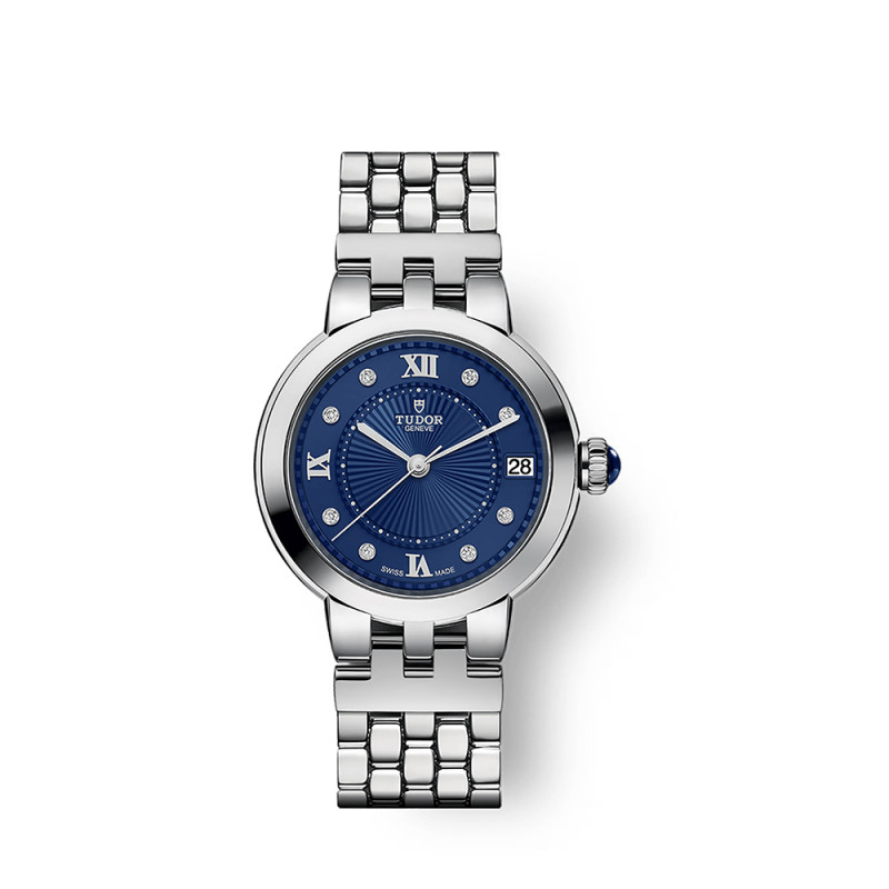 Montre Tudor Clair de rose automatique cadran bleu index diamants bracelet acier 34 mm