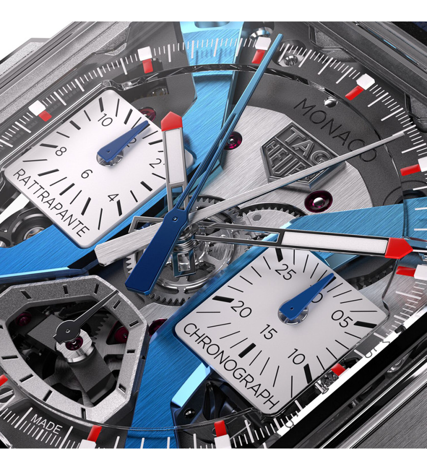 Montre TAG Heuer Monaco Split-Seconds Chronograph automatique cadran opalin bracelet en cuir de veau bleu 41 mm