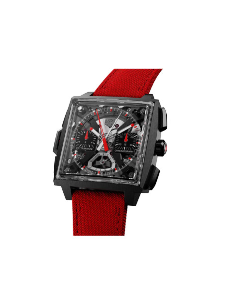 Montre TAG Heuer Monaco Split-Seconds Chronograph automatique cadran opaline bracelet en cuir de veau rouge 41 mm
