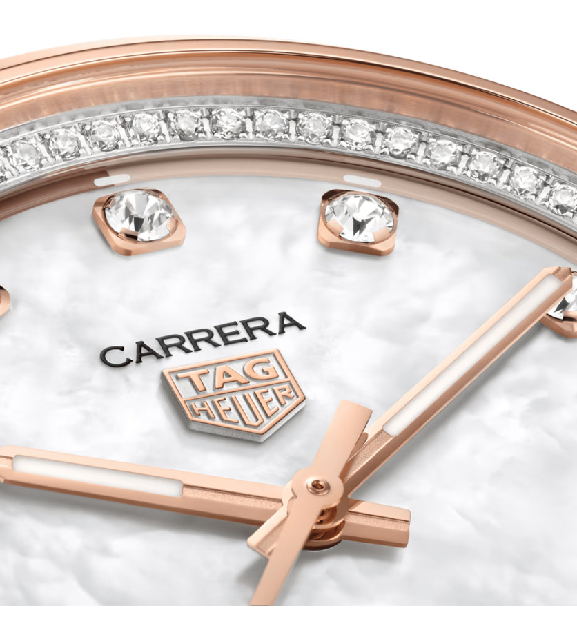 Montre TAG Heuer Carrera Date automatique cadran nacre blanche bracelet acier et or rose 36 mm