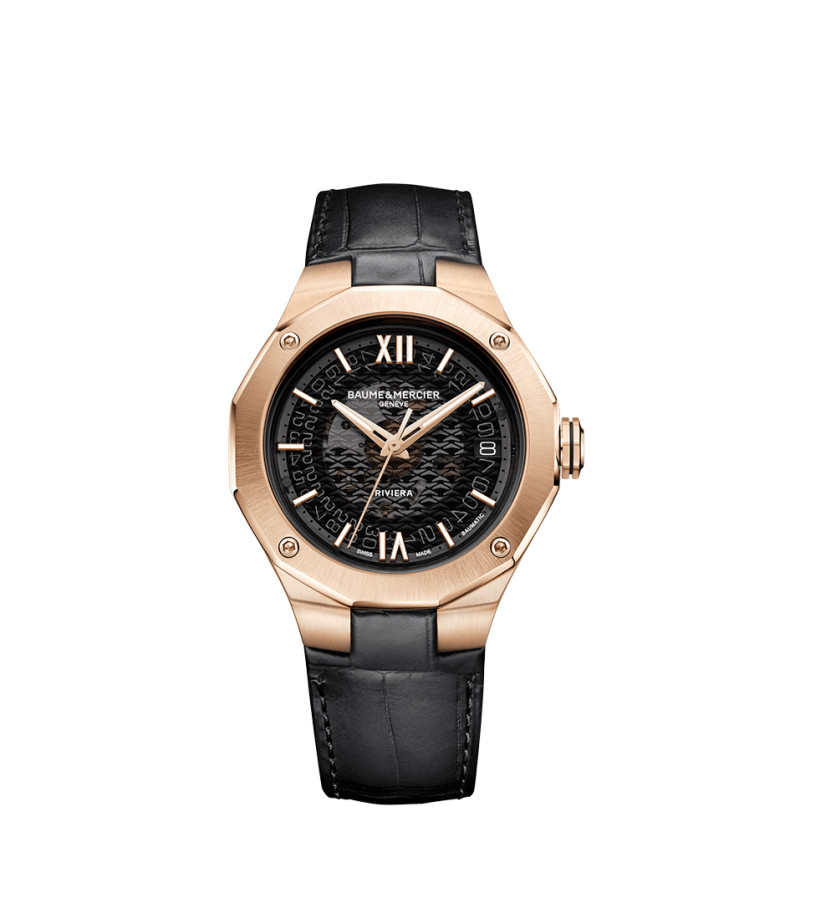 Montre Baume & Mercier Riviera Gold automatique cadran saphir noir bracelet cuir noir 39 mm