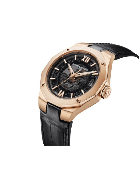 Montre Baume & Mercier Riviera Gold automatique cadran saphir noir bracelet cuir noir 39 mm