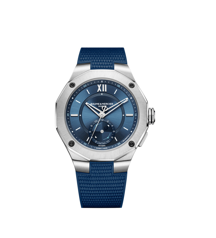 Montre Baume & Mercier Riviera automatique cadran bleu bracelet caoutchouc bleu 43 mm