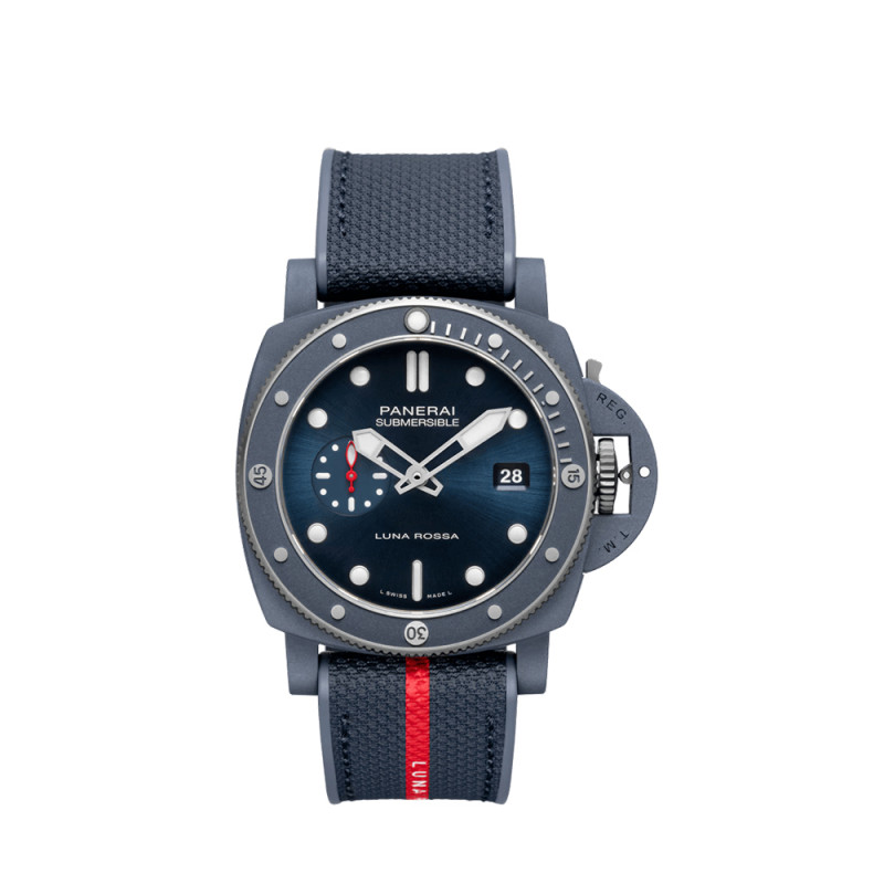 Montre Panerai Submersible QuarantaQuattro Luna Rossa automatique cadran bleu bracelet caoutchouc tissu bleu 44 mm
