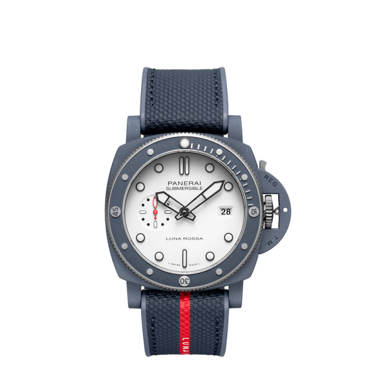 Montre Panerai Submersible QuarantaQuattro Luna Rossa automatique cadran blanc bracelet caoutchouc tissu bleu 44 mm