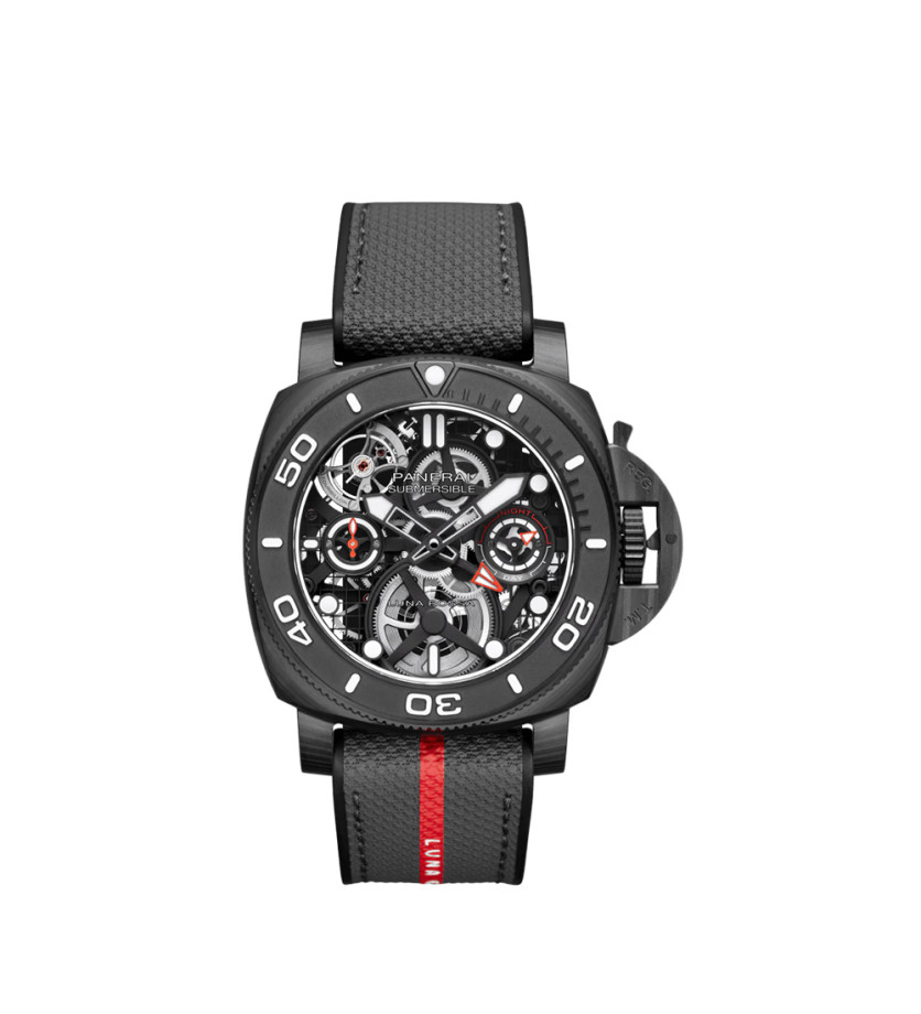 Montre Panerai Submersible Tourbillon GMT Luna Rossa Experience manuel cadran noir bracelet caoutchouc gris 45 mm