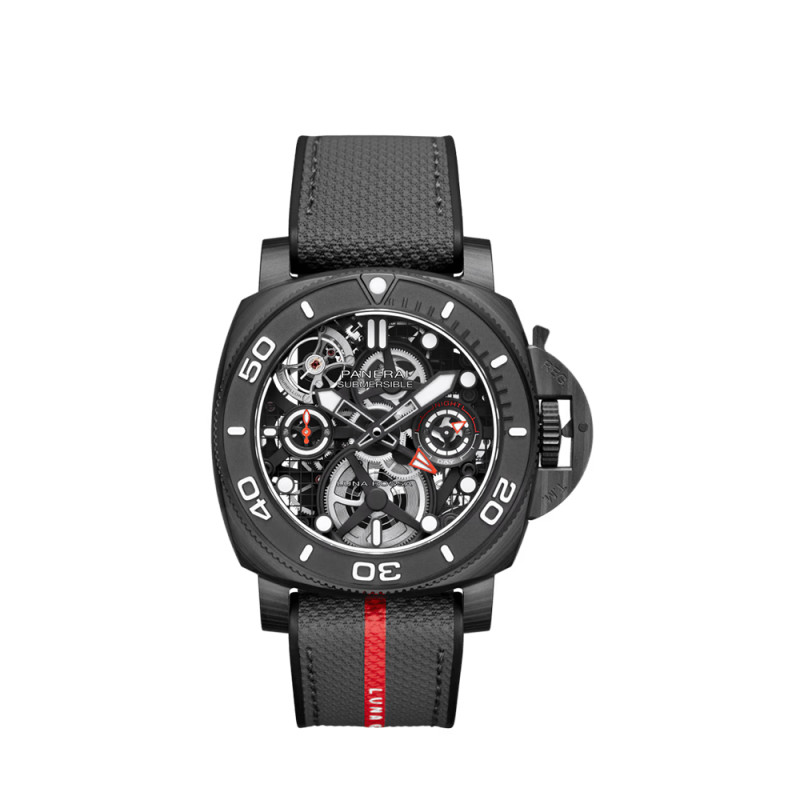 Montre Panerai Submersible Tourbillon GMT Luna Rossa Experience manuel cadran noir bracelet caoutchouc gris 45 mm