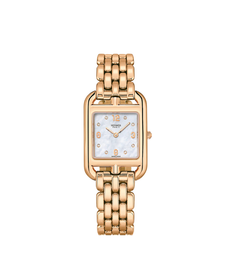 Montre Hermès Cape Cod quartz cadran nacre blanche sertie diamants bracelet or rose 31 mm