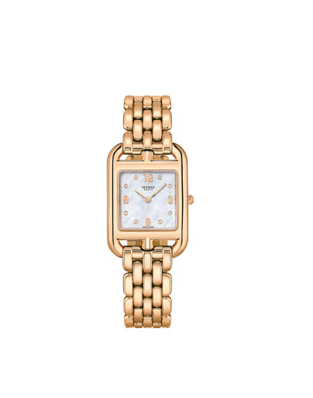 Montre Hermès Cape Cod quartz cadran nacre blanche sertie diamants bracelet or rose 31 mm