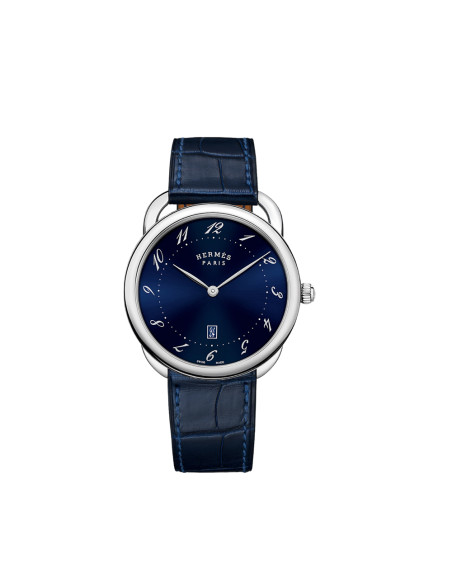 Montre Hermès Arceau quartz cadran laqué bleu bracelet en cuir d'alligator mat bleu abysse 40 mm