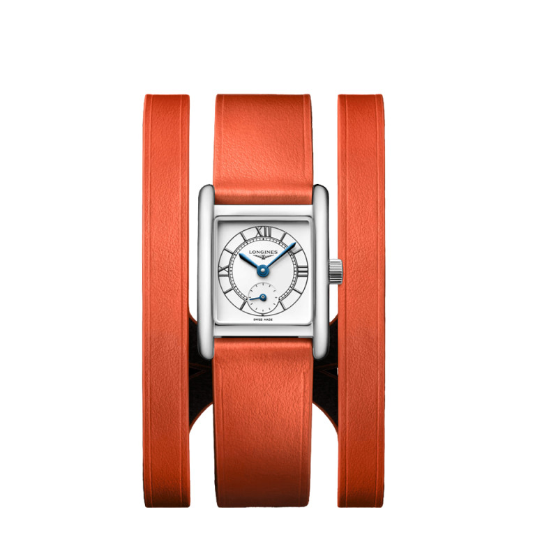 Montre Longines Mini Dolce Vita quartz cadran argent bracelet cuir orange