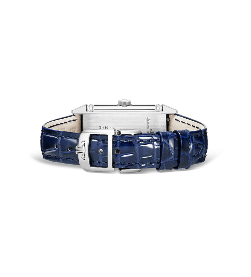 Montre Jaeger-Lecoultre Reverso One Duetto manuel cadran argent bracelet cuir bleu 40x20 mm