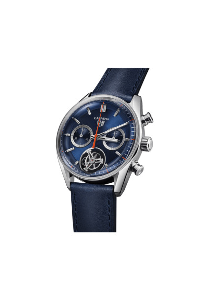 Montre TAG Heuer Carrera Chronograph Tourbillon automatique cadran bleu bracelet cuir bleu 42 mm