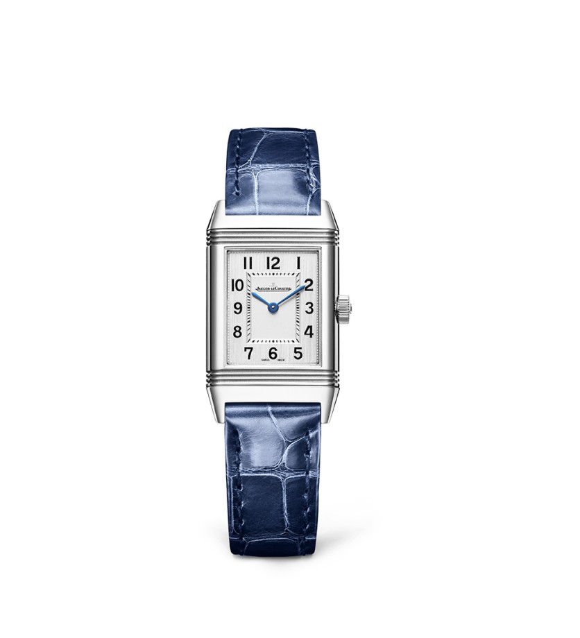 Montre Jaeger-Lecoultre Reverso Classic Monoface quartz cadran argent bracelet cuir bleu 36x21 mm