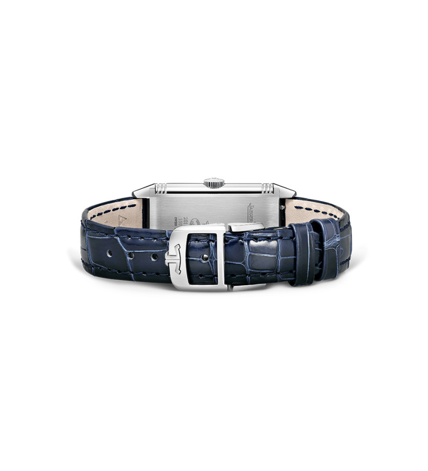 Montre Jaeger-Lecoultre Reverso One Monoface quartz cadran argent bracelet cuir bleu 40x20 mm